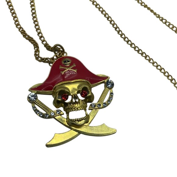 Vtg Pirate Skull Pendant Necklace Red Hat & Rhinestones Costume 18.5” - Picture 2 of 5